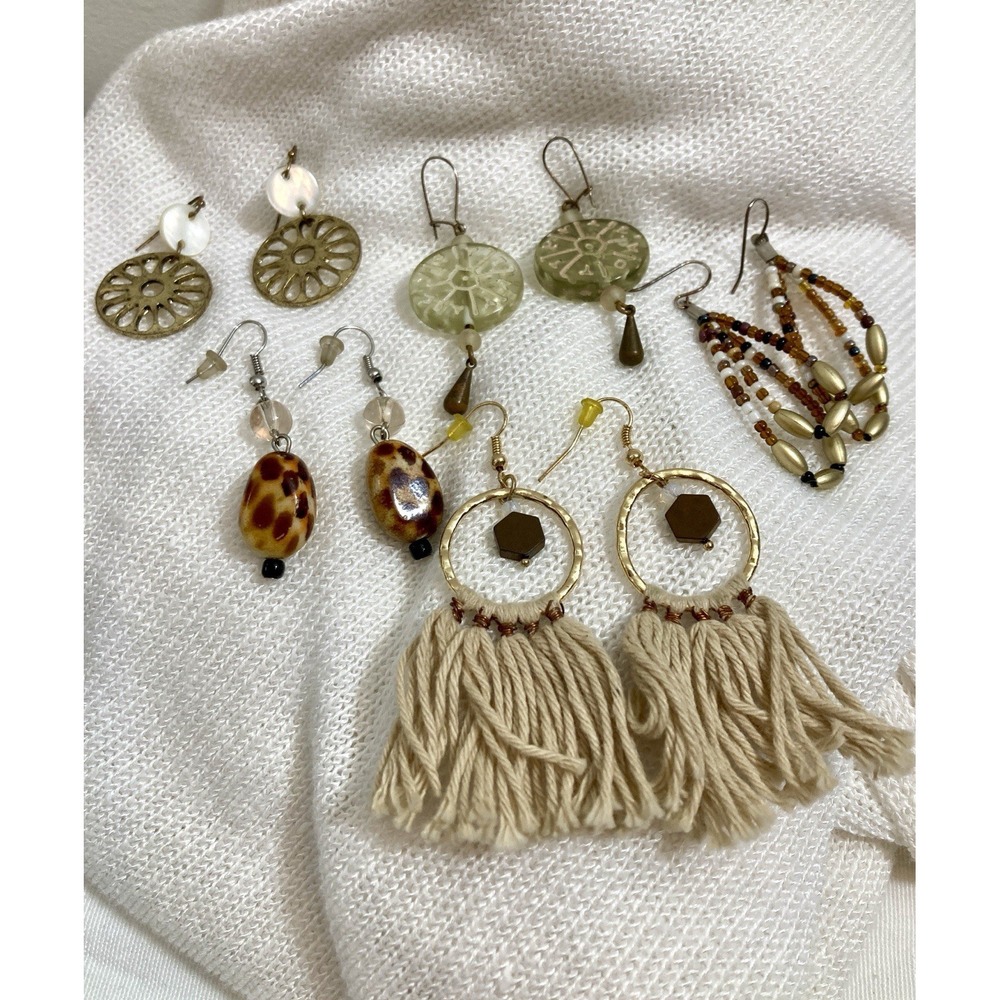 Boho Earrings Lot Mixed Dangle Tassel Beaded Brass Artisan Style 5 Pairs Earthy